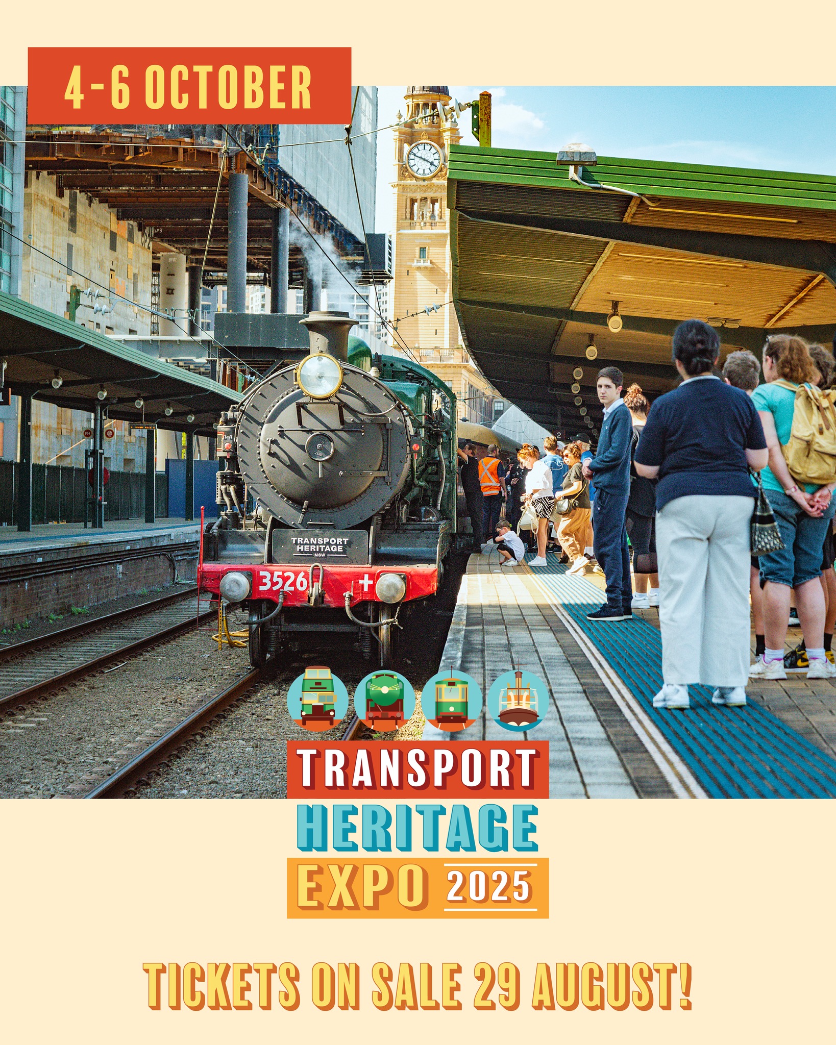 Transport Heritage Expo 2025 logo with Image of steam train at Central Station