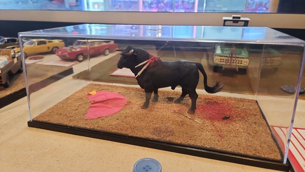 Death in Spain - 1/24 scale model of a bull with swards impaled in it side.