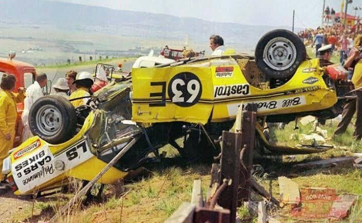 Bill Brown's GT-HO Falcon split in two over the guard rail